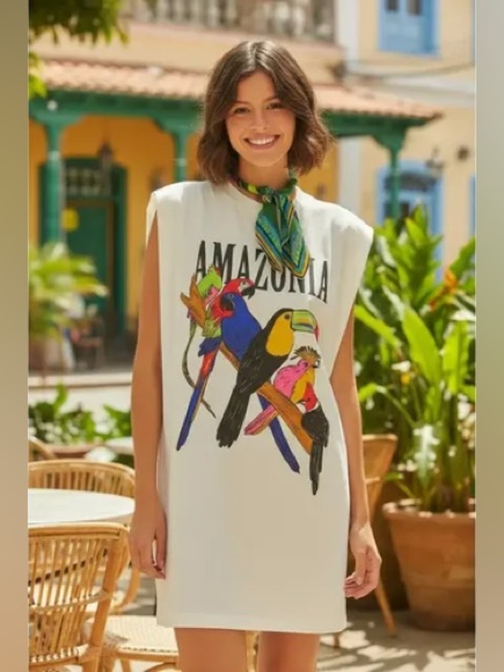 ⚜️ FARM Rio White Sleeveless Amazonia Graphic Mini T-shirt Dress
